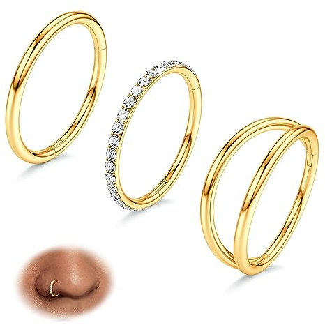 BodyBonita 18G Gold Nose Rings Hoops - 3pcs Surgical Steel Double Hoop Nose Rings Hinged CZ Conch Piercing Jewellery Septum Clicker Lip Ring Cartilage Earring Helix Rook 8 mm
