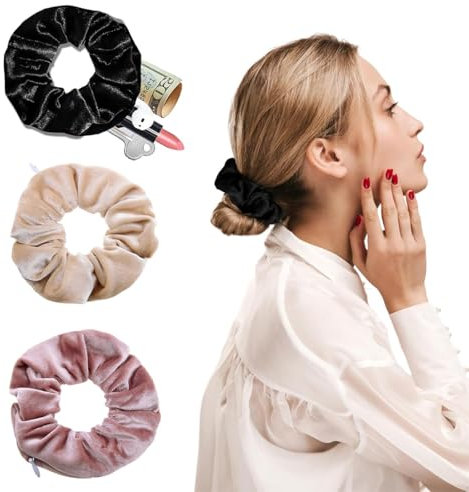 3 Stück Haargummis Damen, Scrunchies Samt, mit Reißverschluss Tasche, Mädchen Elastische Zopfgummis, Samt Scrunchies mit versteckter Reißverschlusstasche, Elastische Haarbänder, für Mädchen und Damen