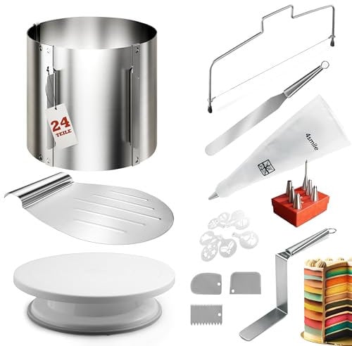4smile 24 Teile Torten-Zubehör-Set mit Tortenring verstellbar hoch 15 cm + Tortenschneider, Tortenheber, Tortenplatte drehbar, Streichpalette, Winkelpalette, Spritzbeutel mit Tüllen, Tortenschablone