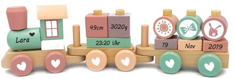 Holz-Zug Eisenbahn Lokomotive mit Steckformen Pink | personalisiert mit Laser | Geschenk zur Geburt oder Geburtstag