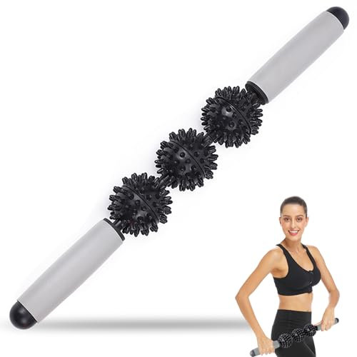 Igelball Massageroller mit Griff, Massageroller Stick Massagestab mit 3 Igelball, Stab Igelballrollen mit Handgriffe 3 Bällen, Faszienrolle Faszienstab Massage Roller, Schwarz