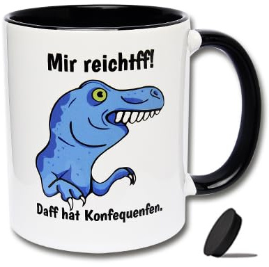 Lustige Tasse mit T-Rex und Spruch Mir reichtff! Daff hat Konfequenfen. Kaffeetasse mit Deckel, Kaffeebecher, Spruchtasse mit Dino (Schwarz-Weiße Tasse inkl. schwarzem Tassendeckel)
