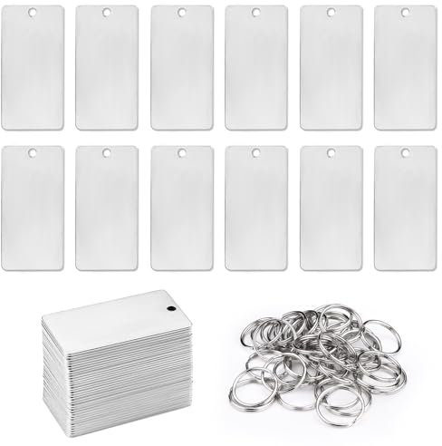 Modixun Lote de 35 piezas de acero inoxidable para troquelar y grabar, llaveros de metal DIY con llavero, rectángulo grabado láser pulido, 5 x 2,5 cm