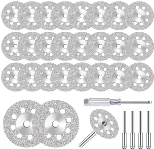 Discos De Corte De Diamante, 30 Piezas Disco Diamante Juego con 25 Mini Discos Diamantados 22mm, 4 Mandril 3mm y 1 Destornillador para Vidrio, Piedra, Ladrillo y Mármol