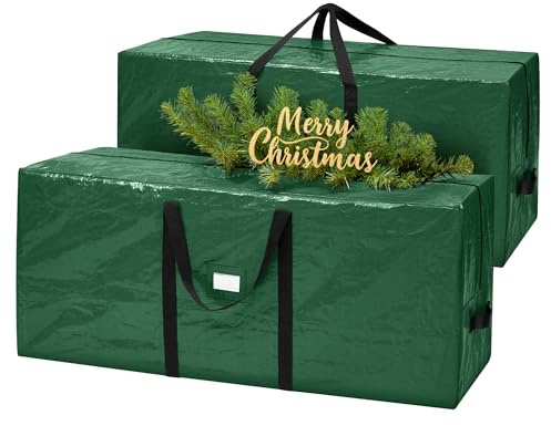 SONGMICS Christmas Tree Storage Bag, Fits Artificial Trees up to 7.5 ft, Large Heavy Duty Decorations Organiser with Zip, Reinforced Seams, Long Handles, Tear-Resistant PE, Green RXS005C01