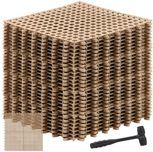 Drydiet 24 Pack Drainage Tiles Modular Interlocking Floor Tiles with 1 Pc Plastic Hammer 12 x 12 Cushion Mat Non Slip Rubber Floor mat with Holes for Pool Bathroom Deck Kitchen Patio (Beige,Black)