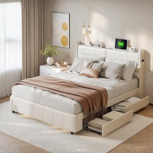 DIYHOM Stauraumbett Polsterbett 140x200cm mit 4 Schubladen, Gepolstertes Kopfteil mit USB-Ladeanschluss, Weiß Betten, mit Lattenrost, Kunstleder, Weiß