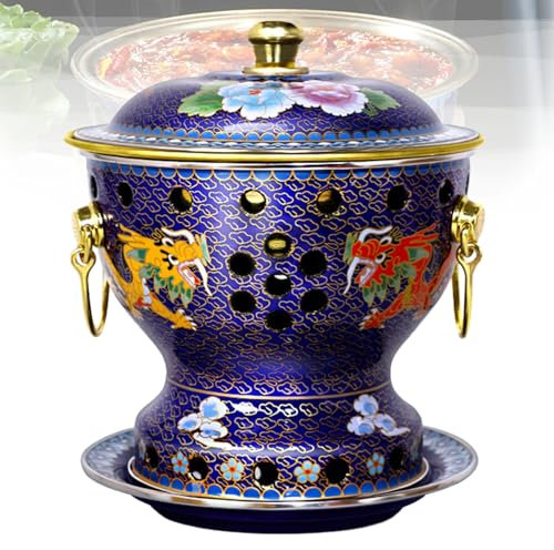 Chinese Copper Hot Pot, Chinese Traditional Old Beijing Copper Hot Pot, Split Design Thick with Traditional Cloisonne Design for Family Gathering, Family Friends (Bule A)