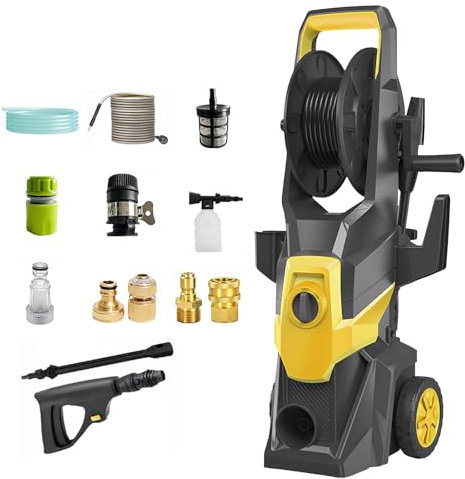 2000W 150 Bar Pressure Washers, Power Washers for Patio and Car, Jet Washers with Adjustable Spray Nozzle, Safety lock, Foam Tank, 10m High-pressure Hose (With Hose Reel)