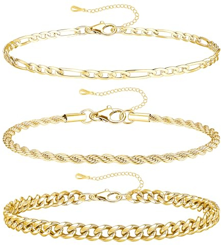 RMMD Gold Silber Armband Herren - 3 Stücke Edelstahl Armband Herren Armbänder Kubanisches Gliederseil Figaro Kette Armbänder Set Schmuck Geschenk für Männer Jungs ihn Vater Freund Ehemann Sohn Bruder