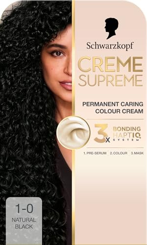 Schwarzkopf Creme Supreme 1-0 Natural Black, Permanent Hair Dye, Caring Hair Dye Colouration with 3-Step Bonding System Against Damage, 100% Grey Coverage