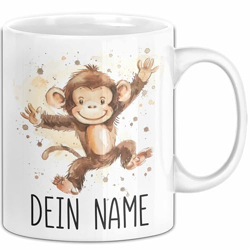 Affe Tasse mit Namen – Personalisierte Tasse Geburtstag Geschenkidee süßes Affemotiv Niedlich Verspielte Namenstasse Lustig (Weiß)