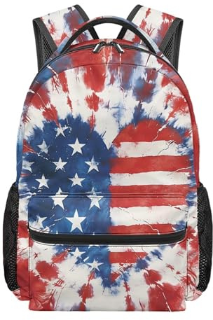 Cumagical Boys Cartoon Backpack Tie-Dye Usa Flag Print Fashion Top Handle Rucksack Casual School Side Water Bottle Holders Red Blue Daypack For Men