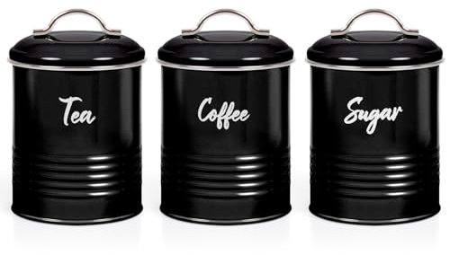 EHC Tea, Coffee, Sugar, Canister Set, Set of 3 Airtight Food Storage Easy to Open Storage Canisters Jars Tin, Black