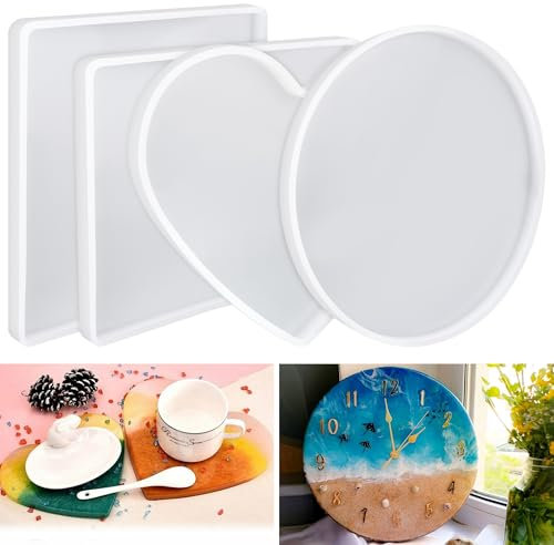 Oversized Coaster Resin Mould 4 Styles Silicone Moulds Epoxy Resin Casting Molds Cup Plate Bowl Mats Tray Reusable Round Heart Jewelry Making Display Holder for Home Decor DIY Valentine's Day Gifts