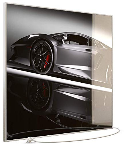 STEINFELD Heizsysteme® Glas Bild Elektro Infrarot Heizung mit Thermostat | Made in Germany | viele Motive 350-1200 Watt Rahmen silber/alu (1200 Watt, 045 Sportwagen)
