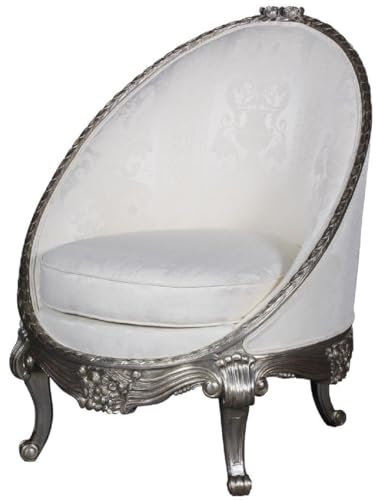 Casa Padrino Luxus Barock Sessel Weiß/Silber 80 x 87 x H. 100 cm - Edler Wohnzimmer Sessel in Eiform - Barock Wohnzimmer Möbel