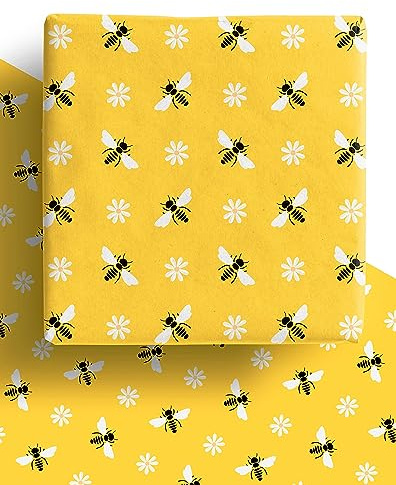 Yellow Bee Wrapping Paper - 4 x Recyclable Eco Bee Easter Gift Wrap Sheets 70cm x 50cm Made in the UK. Great for Gardeners, Animal lovers