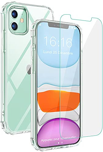 JASBON Coque Transparente pour iPhone 11, Coque Anti-Choc avec Verre Trempé Housse de Protection TPU Souple Ultra Léger Ultra Mince Etui pour iPhone 11 6.1 Pouces - Crystal Clear