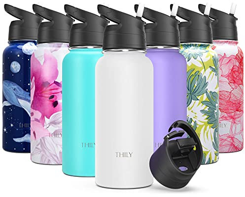 Vakuumisolierte Sport-Trinkflasche – THILY 946 ml Edelstahl auslaufsichere Wasserflasche mit breiter Öffnung mit Klappdeckel und Strohhalmdeckel, hält 12 Stunden kalt, 36 Stunden schweißfest, weiß