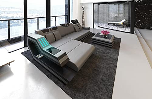 Ledersofa Ravenna L Form Ecksofa Sofa - mit LED Beleuchtung, verstellbare Kopfstützen, Recamiere/Lederfarben wählbar/Ausrichtung wählbar (Ottomane Links, grau-Schwarz)
