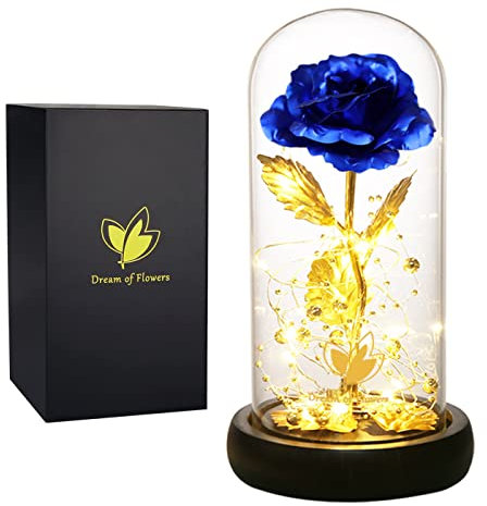 Dream of Flowers Ewige Rose – Künstliche Schönheit und das Biest Rose, Kuppelglas, Bunte LED-Leuchten, einzigartiges Geschenk, Valentinstag, Muttertag, Weihnachtstag. (Blau)