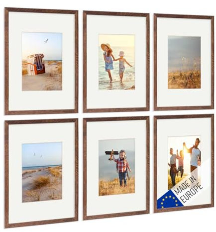 PHOTOLINI Bilderrahmen Holz A4 21x30 Eiche Dunkel mit Passepartout, Holzbilderrahmen DIN A4 Made in EU, 6er Set, bruchsicheres Acrylglas, zum Aufhängen, mit Zubehör - für Ihre liebsten Fotos & Bilder
