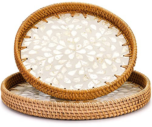 Frcctre 2 Pack Round Rattan Serving Tray with Mother of Pearl Inlay Wooden Base, Decorative Wicker Baskets Woven Serving Tray for Bread Fruit Food Coffee Breakfast, Storage and Display, 2 Sizes