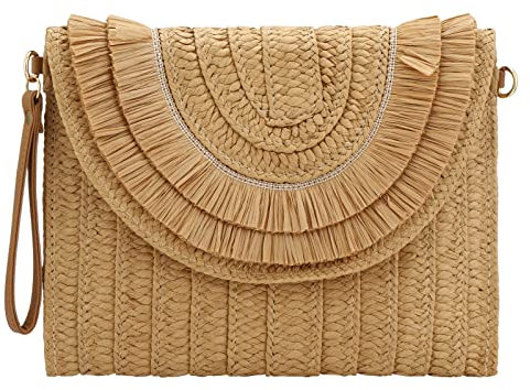Gets Sommer Handgefertigte Crossbody Tasche Stroh Clutch Umschlag Geldbörse Geldbörse für Frauen, Raffiabast mit Fransen, Khaki, Einheitsgröße