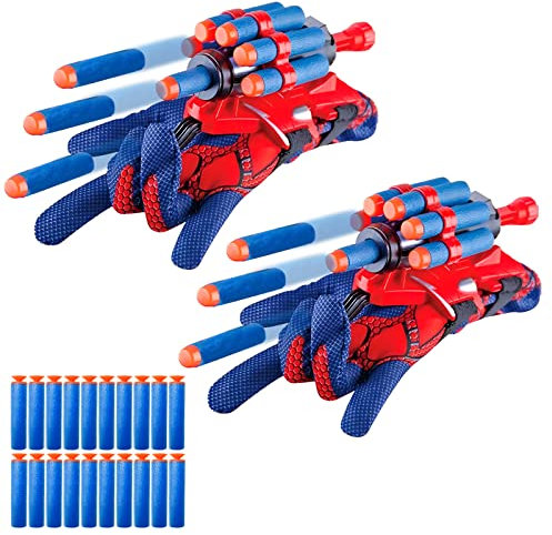 yumcute 2 Set Spider Handschuhe Kinder Spielzeug,Spider Handschuhe Spinnennetz Launcher,Spider Web Shooter 30 Darts,Spider Netzwerfer,Spider Netz Shooter Handgelenk Spielzeug Set Cosplay Handschuhe
