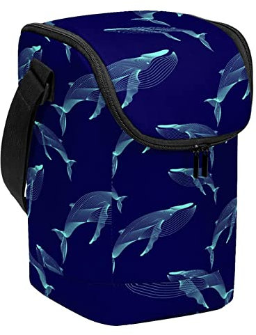 Lonchera reutilizable con estampado de animales marinos de ballenas, lonchera vertical grande con correa ajustable para el hombro