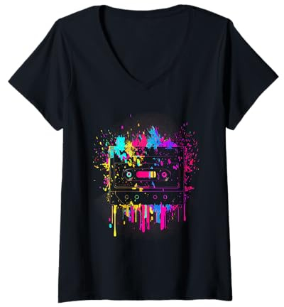 Damen 90er 80er Jahre Motto Party Outfit Kostüm Geschenk T-Shirt mit V-Ausschnitt