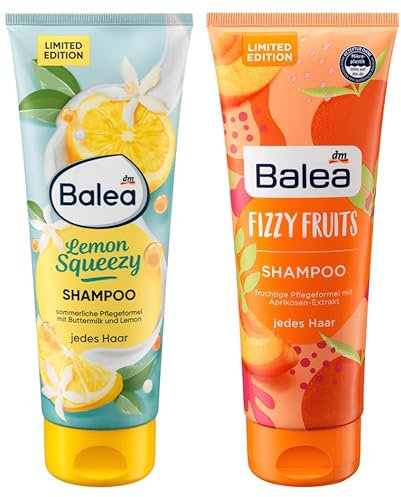 Balea 2er-Set Shampoo: LEMON SQUEEZY Pflegeformel mit Buttermilch & sommerlicher Duft nach Zitrone (250 ml) + FIZZY FRUITS fruchtig-frische Haarpflege mit Aprikose (250 ml), 500 ml