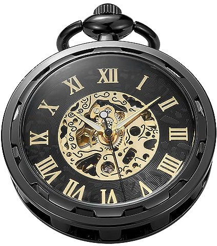 Uncovered Herren Mechanische Taschenuhr mit Kette, Uncovered Roman Design Zifferblatt Kette Mechanische Taschenuhren für Männer