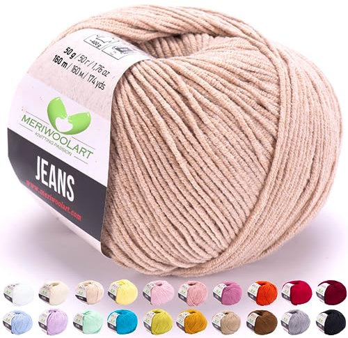 MeriWoolArt® Beige Baumwollgarn zum Stricken und Häkeln, Textilgarn, Stoffgarn, Baby Wollgarn für Handarbeiten, Babykleidung, Amigurumi, Babydecke, Pullover, Mützen und Accessoires