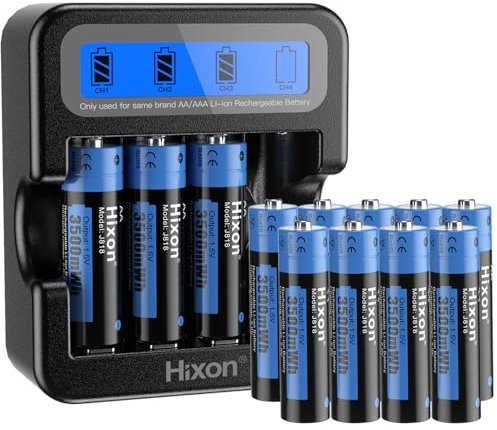 Hixon Rechargeable Batteries AA with LCD Charger,12x3500mWh AA Rechargeable Lithium Batteries,Constant 1.5V Output,1500Cycles,Fits for Blink Camera VR/Xbox Gaming Controller