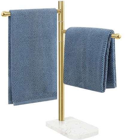 BathAce Handtuchhalter, F-Form Handtuchständer mit Marmorsockel, Edelstahl Drehbar Handtuchhalter Bar Stehend für Badezimmer Küche Arbeitsplatte, 2 Arme (Gold)