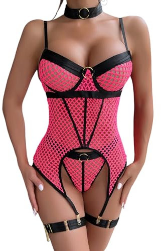 EVELIFE Set di Lingerie per le Donne Body in Rete Sexy con Calze Coscia Girocollo Biancheria intima Nutette Senza Calze, Rosa, M