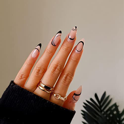 JUSTOTRY 24 Pcs Classy Swirl Almond Short False Nails,Black Press on Nails Pattern,Glossy Fake Nails Short,French Oval Medium Stick on Nail for Women and Teens Nail Art