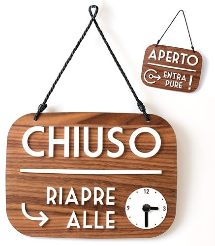 Cartello Aperto Chiuso Torno Subito con Ventosa, vintage Retro - Orario negozio modificabile con Quadrante Lancette (Legno Noce, Italiano)