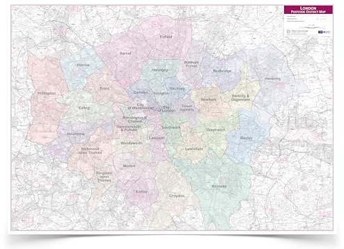 London Postcode District with Authority Boroughs Wall Map (within M25) - 118.9 x 84.1 cm - Maps International