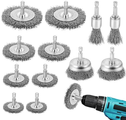 Yokuni 12 Pezzi Spazzole Per Trapano, Spazzola Metallica per Trapano, Spazzola Per Trapano Con 6mm Asta Esagonale, Spazzola Ferro Ideale Per Lucidatura, Levigatura, Rimozione Della Ruggine, Sbavatura