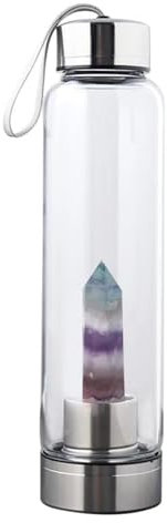 Queemie Bunte Quarz Kristall Wasserflasche, Edelstahl Glas Mehrfarbig Edelstein Obelisk Wand Energie Becher Sportpokal, Natürliche Wellness Heilung 550ml