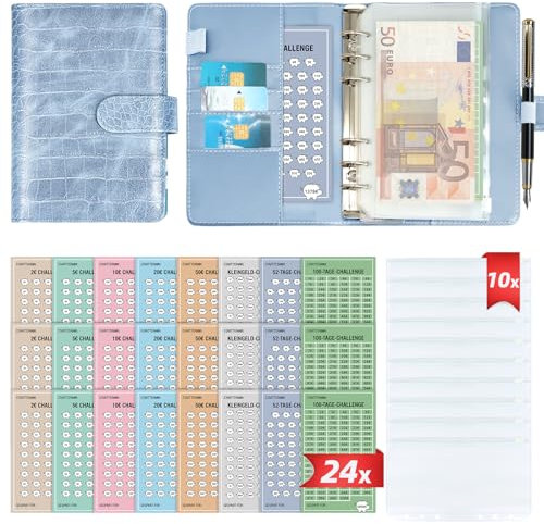 2025 Geld Sparen Challenge Buch mit 8 Sparchallenges (24er Set) - Budget Planner Deutsch Challenges - Spar Challenge für Budgetplaner - Finanzplaner Haushaltsbuch - Cash Stuffing - Budget Binder A6