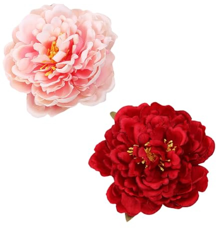 FSSTUD Lot de 2 pinces à cheveux en forme de fleur de pivoine, grandes épingles à cheveux en tissu pour cheveux de mariée, demoiselle d'honneur, rouge et rose, pour femmes et filles (adultes)