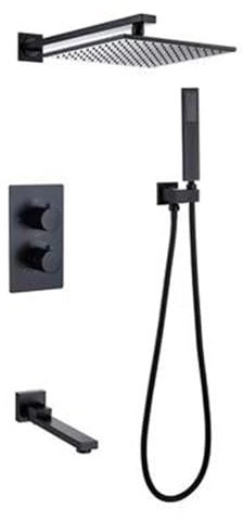 BiaoTeng Conjunto Ducha Empotrada Exterior Pared Frío y Calor 3 Funciones Latón Conexión G1/2 Conjunto de Ducha con Grifo Negro