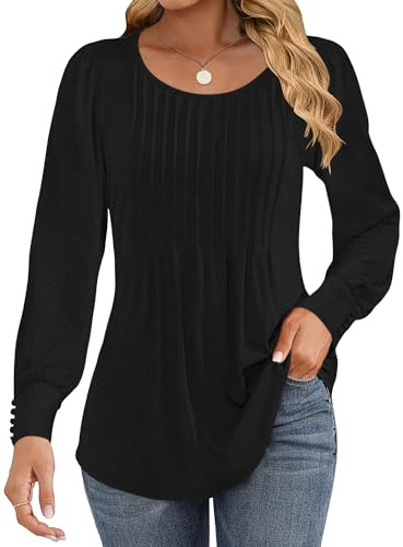 Cuptacc Long Sleeve Tops Women Ladies Tops Women's Tunic Pleated Blouse Puff Sleeve with Button Loose Fit Casual Crew Neck