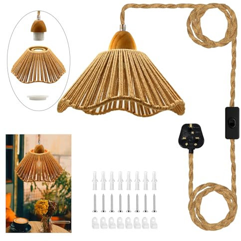 Rustic Wood Hemp Rope Pendant Light,Industrial Plug in Pendant Lighting with 200 in Cable,Retro Adjustable Plug in Ceiling Light Fixture,DIY Hanging Lamp Kit with Lampshde,E26 E27 Socket,for Kitchen