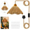 Rustic Wood Hemp Rope Pendant Light,Industrial Plug in Pendant Lighting with 200 in Cable,Retro Adjustable Plug in Ceiling Light Fixture,DIY Hanging Lamp Kit with Lampshde,E26 E27 Socket,for Kitchen