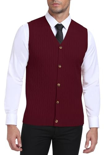 PCEAIIH Men's Gilets Knit Sweater Vest V Neck Sleeveless Cardigan Top with Buttons Classic Business Gentleman Knitwear Wine Red